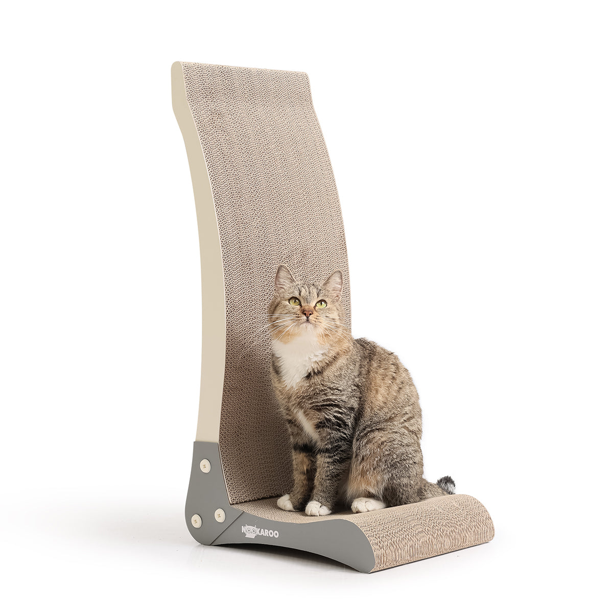 Tabby cat sitting at the base of the Nookaroo Bennu vertical cat scratcher, front view