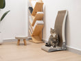 Load image into Gallery viewer, Tabby cat sitting beside the Nookaroo Bennu vertical scratcher, wooden shelf in the background