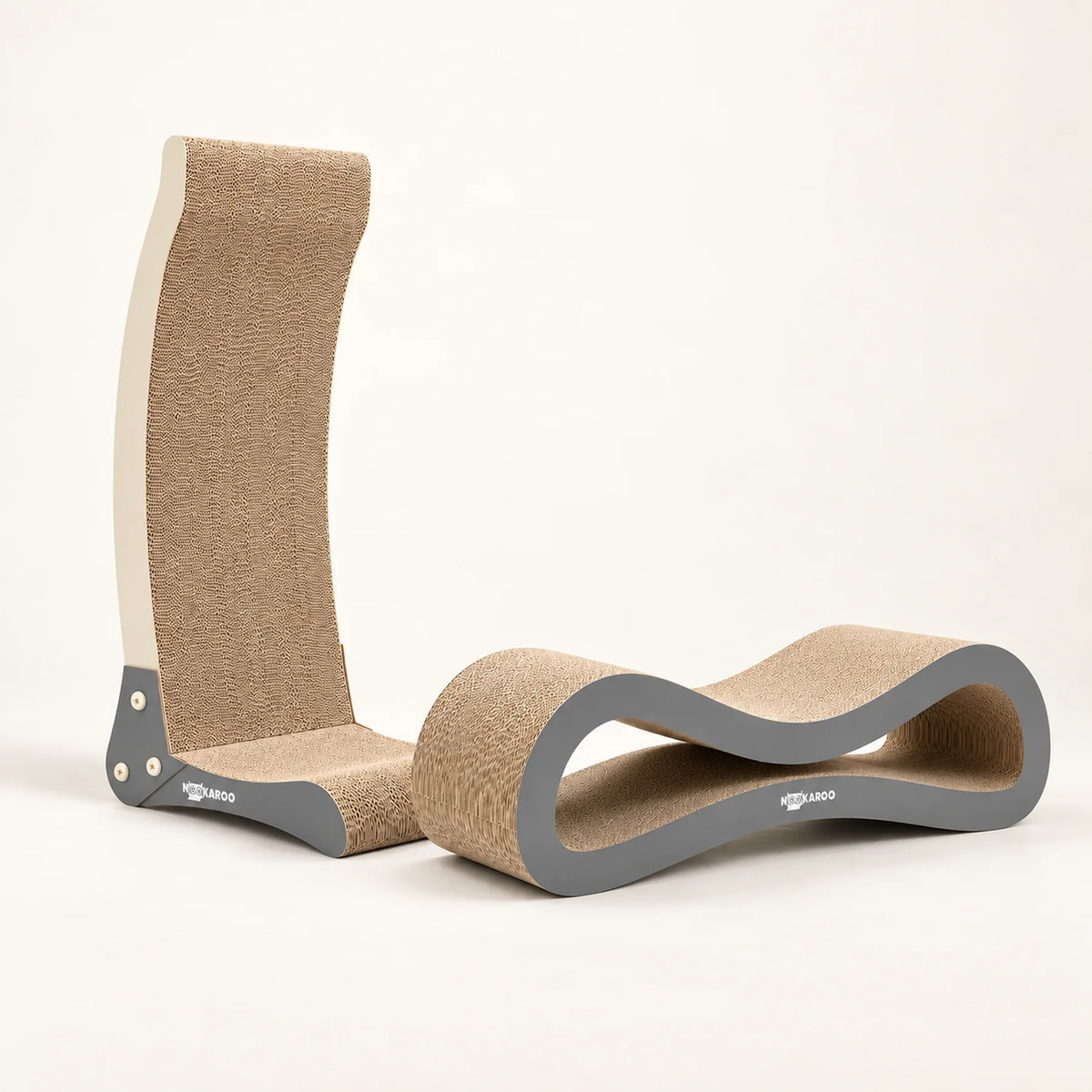 Nookaroo Signature Duo with Bennu vertical cat scratcher and Agatha infinity cat lounge on a warm ivory background