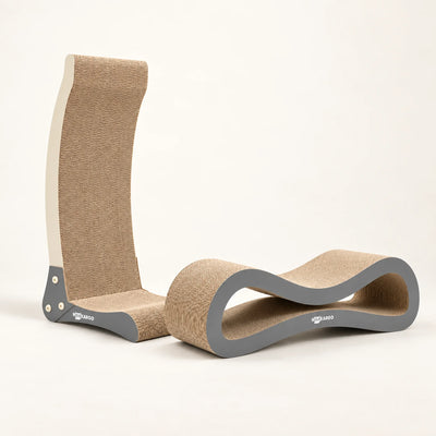 Nookaroo Signature Duo with Bennu vertical cat scratcher and Agatha infinity cat lounge on a warm ivory background