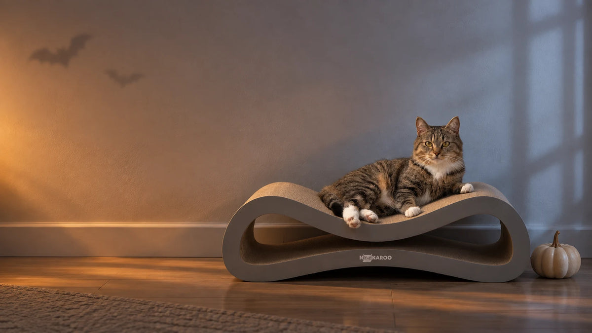 Tabby cat relaxing on the Nookaroo Agatha scratcher in a warm Halloween evening interior