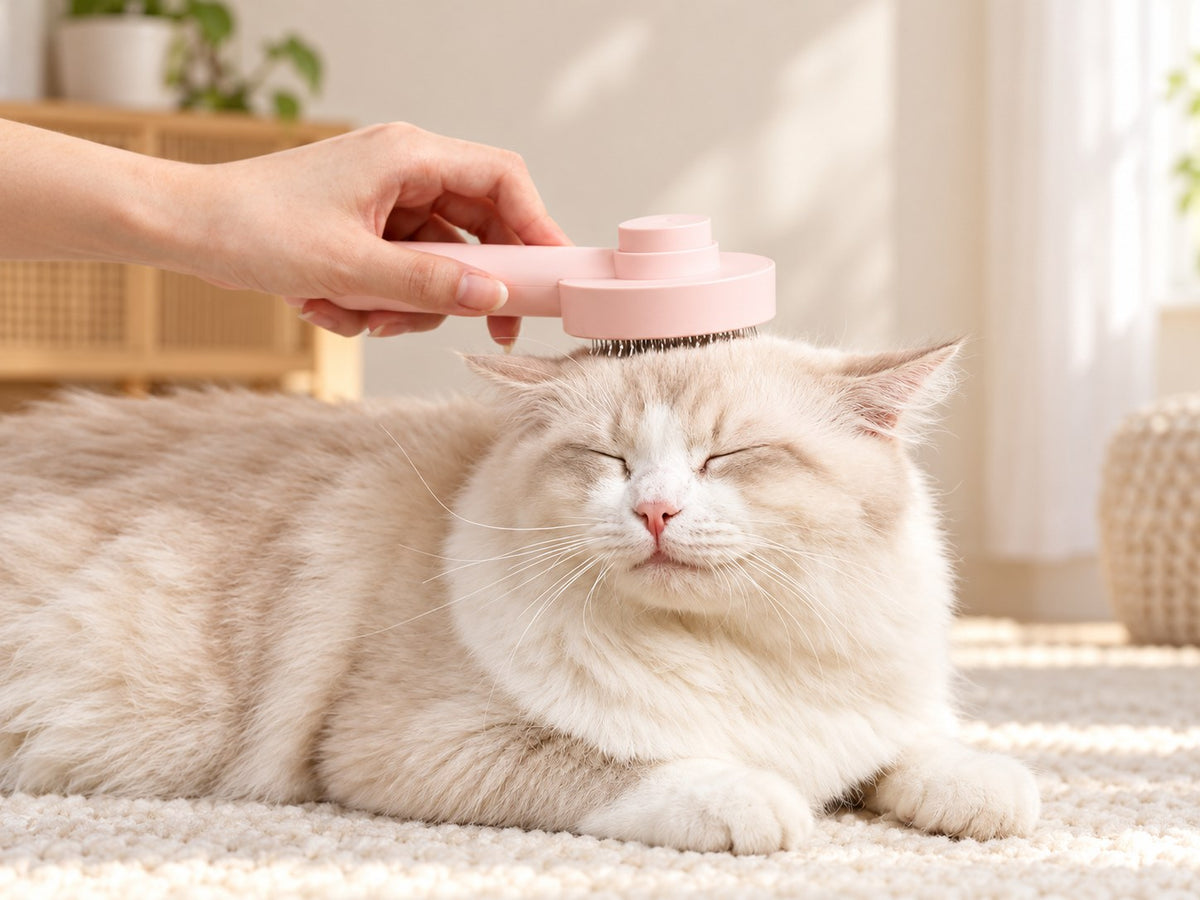 Pink self-cleaning brush gently grooming the cream cat shown in the supplier demonstration