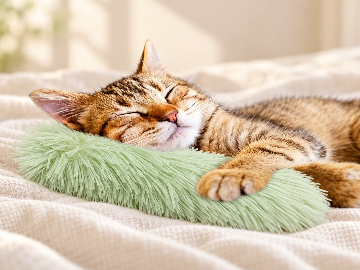 Tabby cat resting against the light-green Cloud toy — styled supplier image