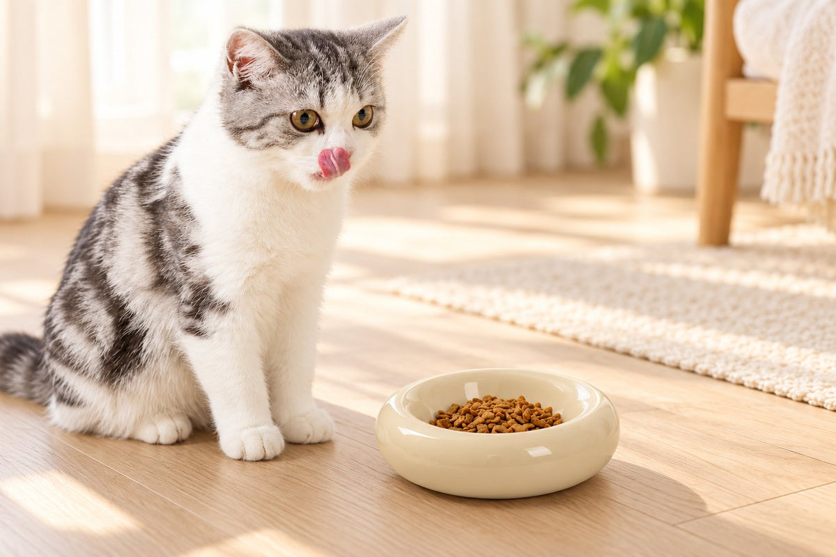 Silver-and-white cat beside the cream Donut Ceramic Cat Bowl with kibble