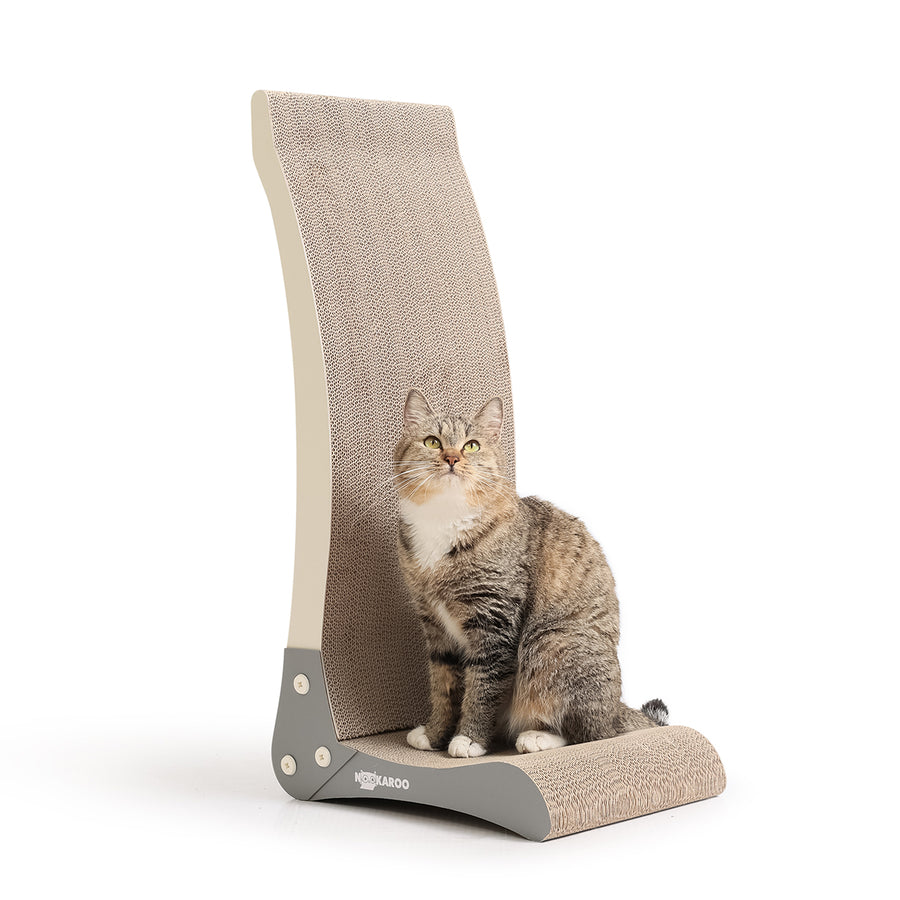 Tabby cat sitting at the base of the Nookaroo Bennu vertical cat scratcher, front view