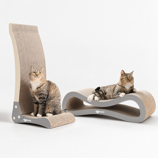 Nookaroo Modern Cat Starter Set with the Bennu vertical scratcher and Agatha Infinity lounge scratcher, each with a cat