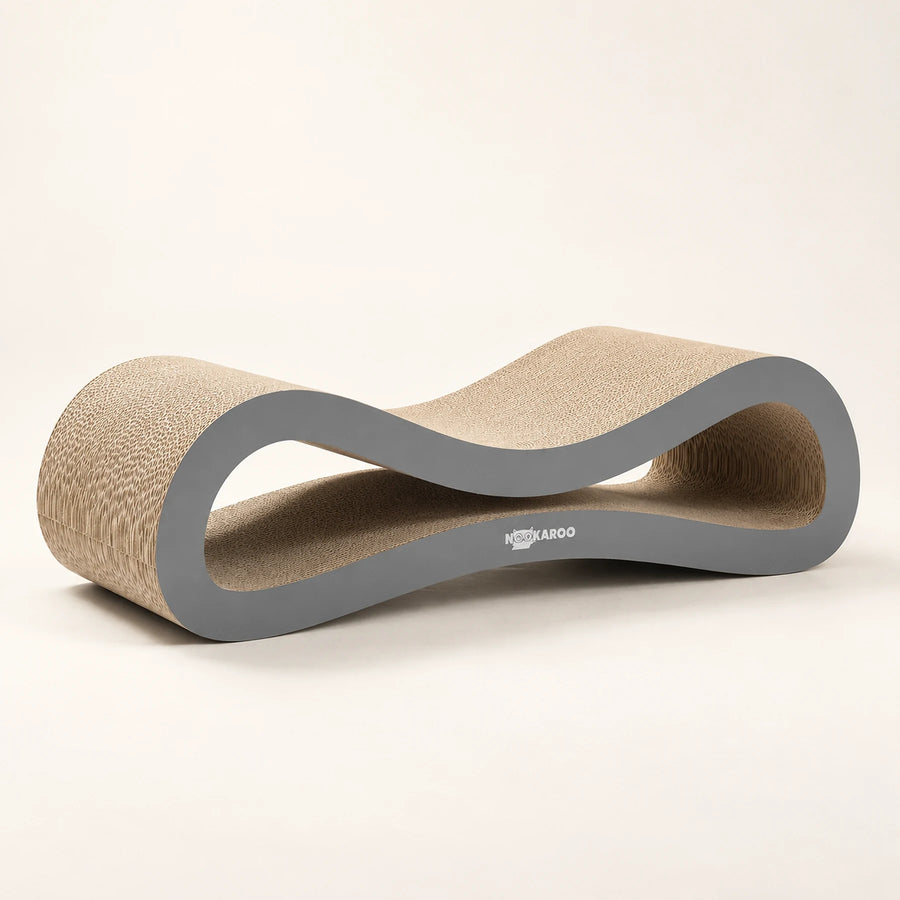 Nookaroo Agatha infinity-shaped cardboard cat scratcher and lounge in beige and gray