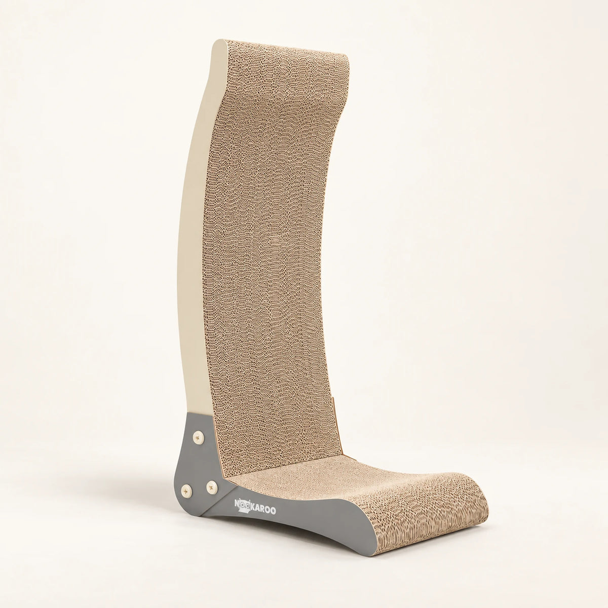 Nookaroo Bennu tall curved vertical cat scratcher in beige and gray
