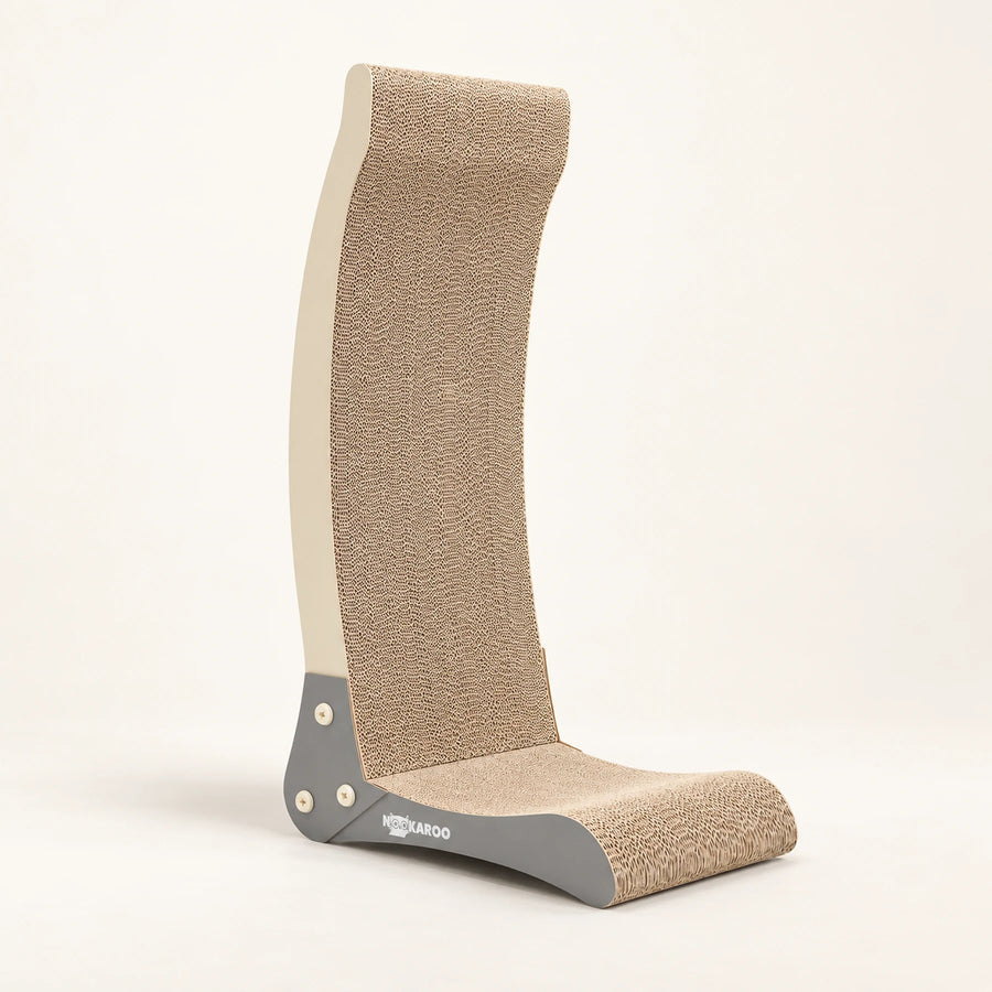 Nookaroo Bennu tall curved vertical cat scratcher in beige and gray