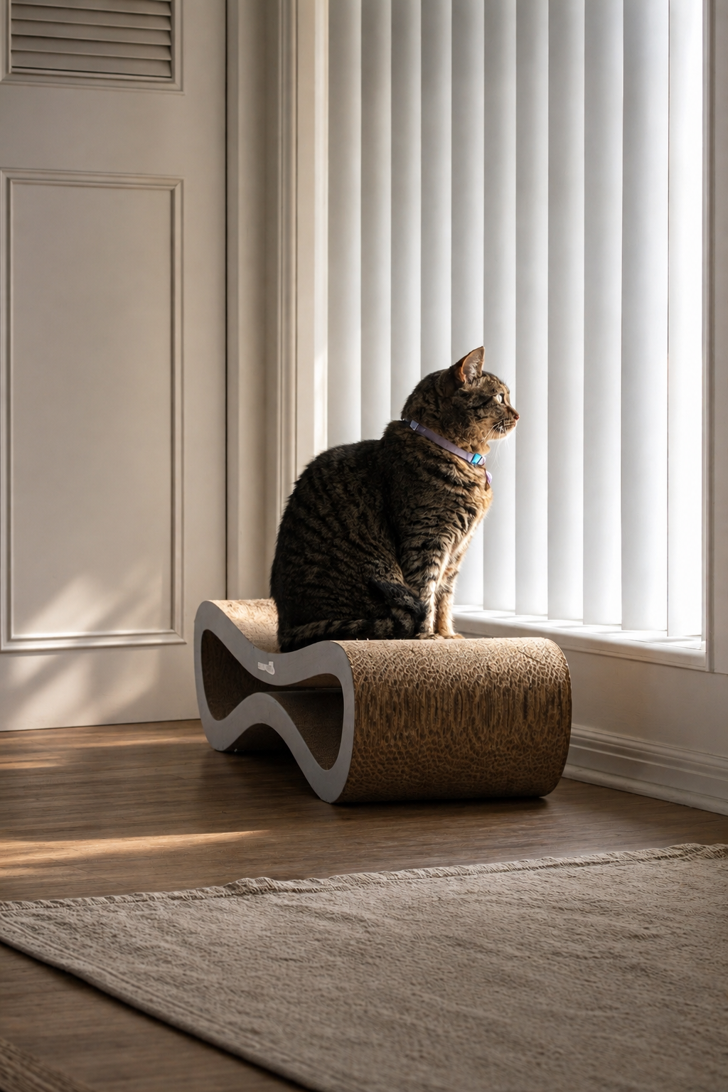 Tabby cat sitting on the Agatha scratcher beside a bright window