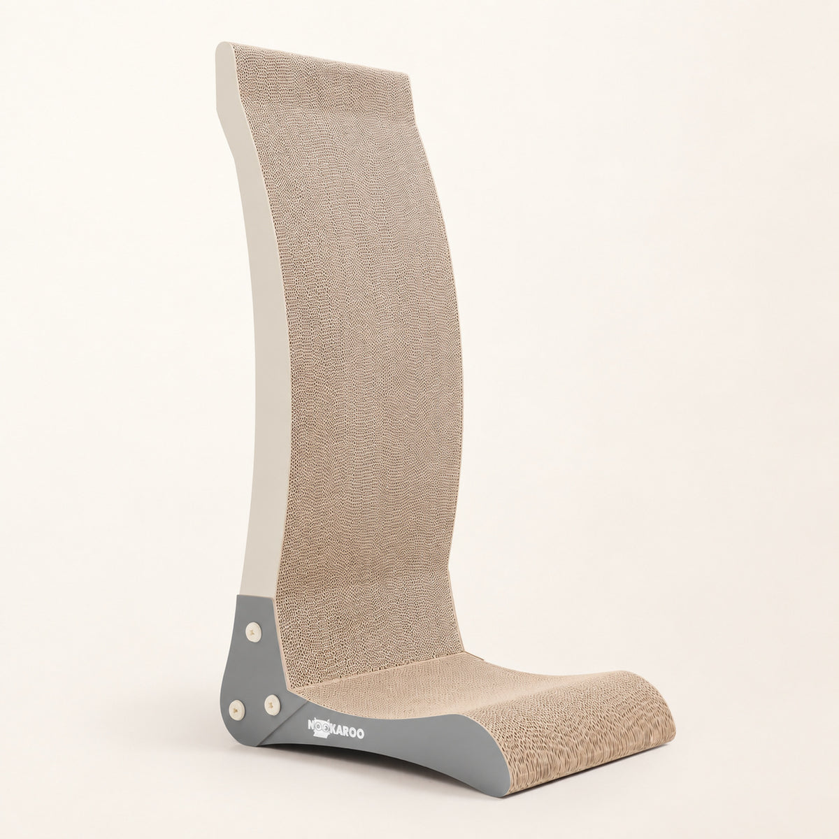 Front three-quarter view of the Nookaroo Bennu tall cat scratcher on a warm cream background