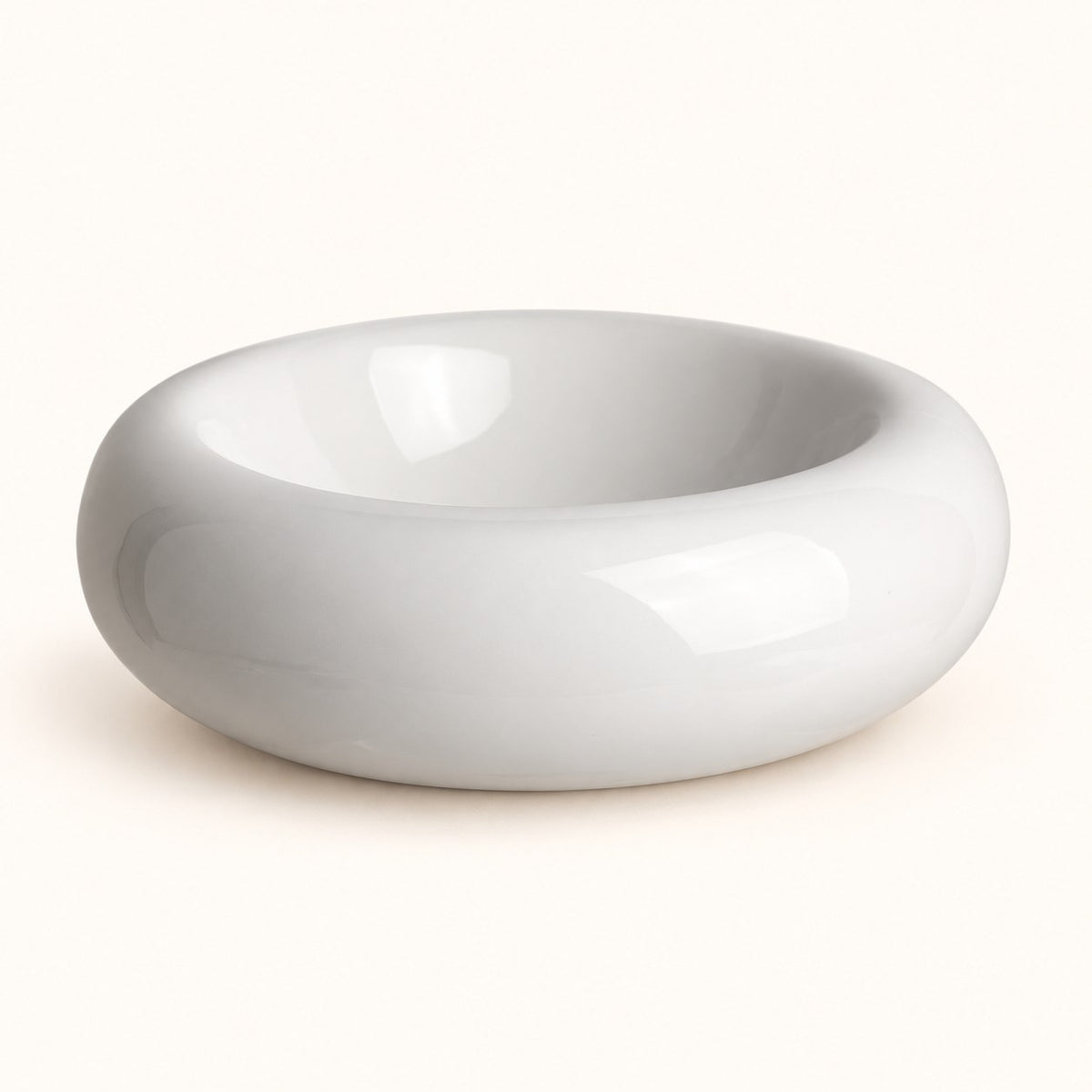 Donut Ceramic Cat Bowl in pearl white with a glossy rounded rim
