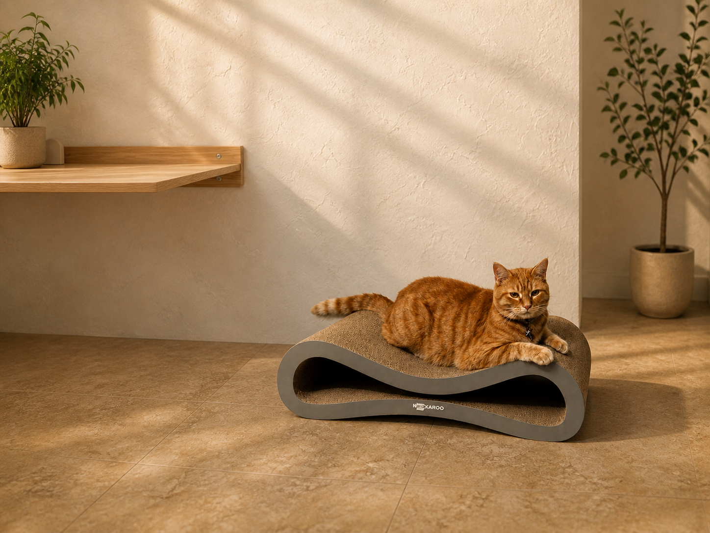 Orange cat relaxing on the Nookaroo Agatha scratcher in a warm sunlit home