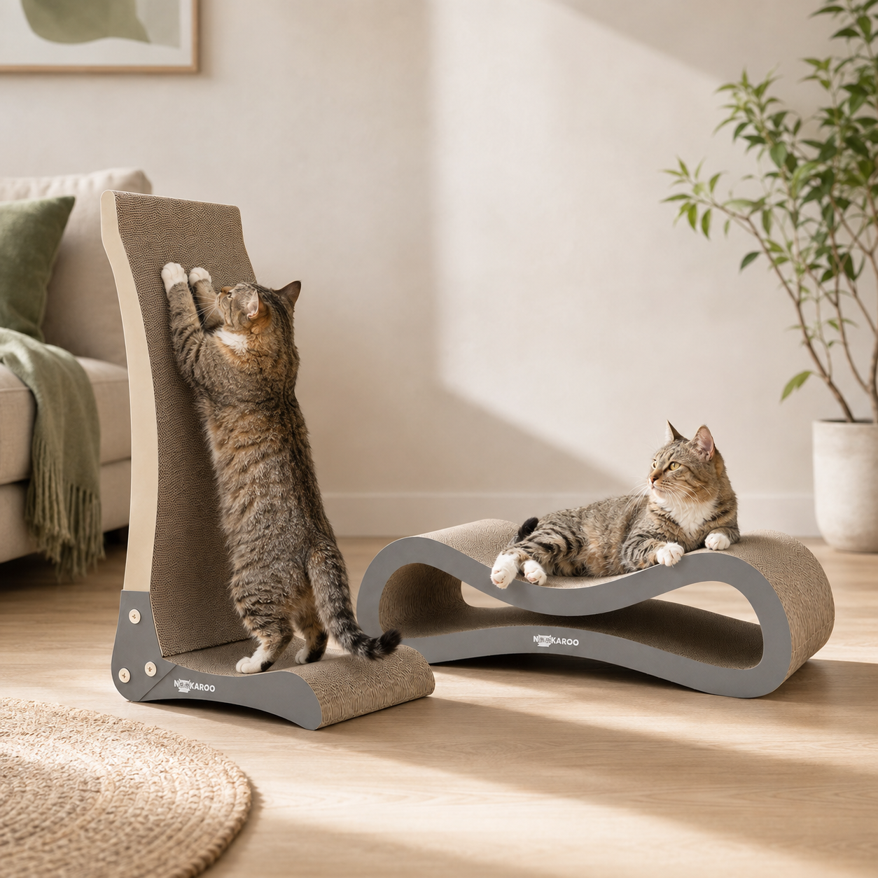 Two tabby cats enjoying the Nookaroo Bennu vertical scratcher and Agatha lounge in a warm modern home