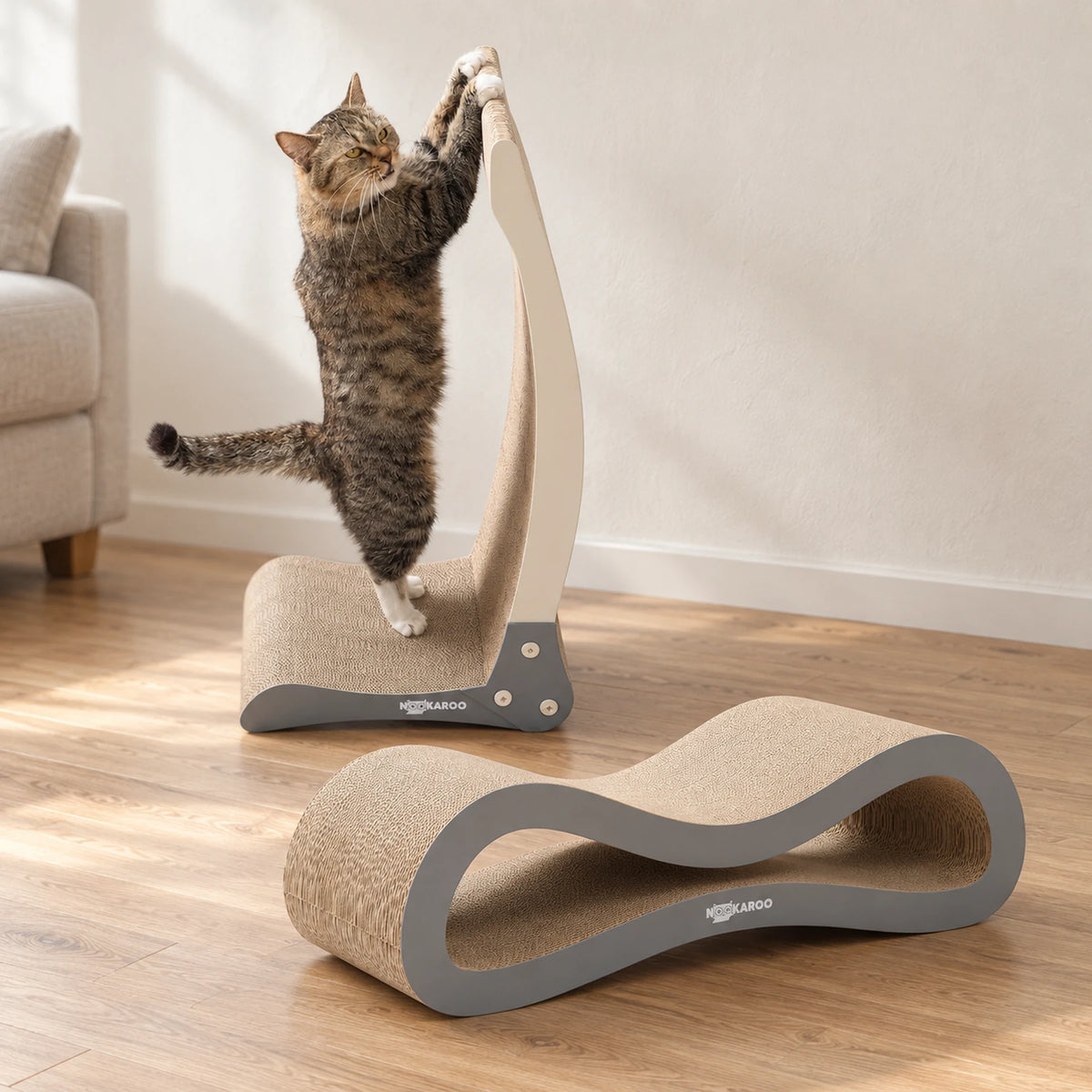 Tabby cat stretching on Bennu beside the Agatha lounge in a warm modern home