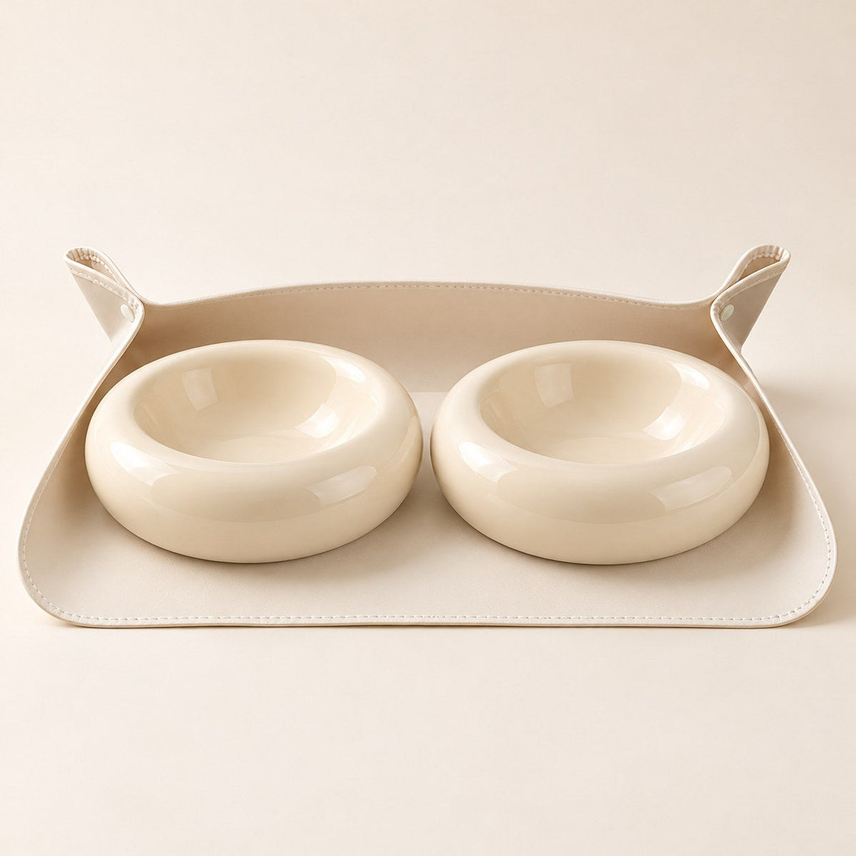 Mealtime Set: two Cream Donut Ceramic Cat Bowls on one Large Cream feeding mat with the back corners snapped and front edge open