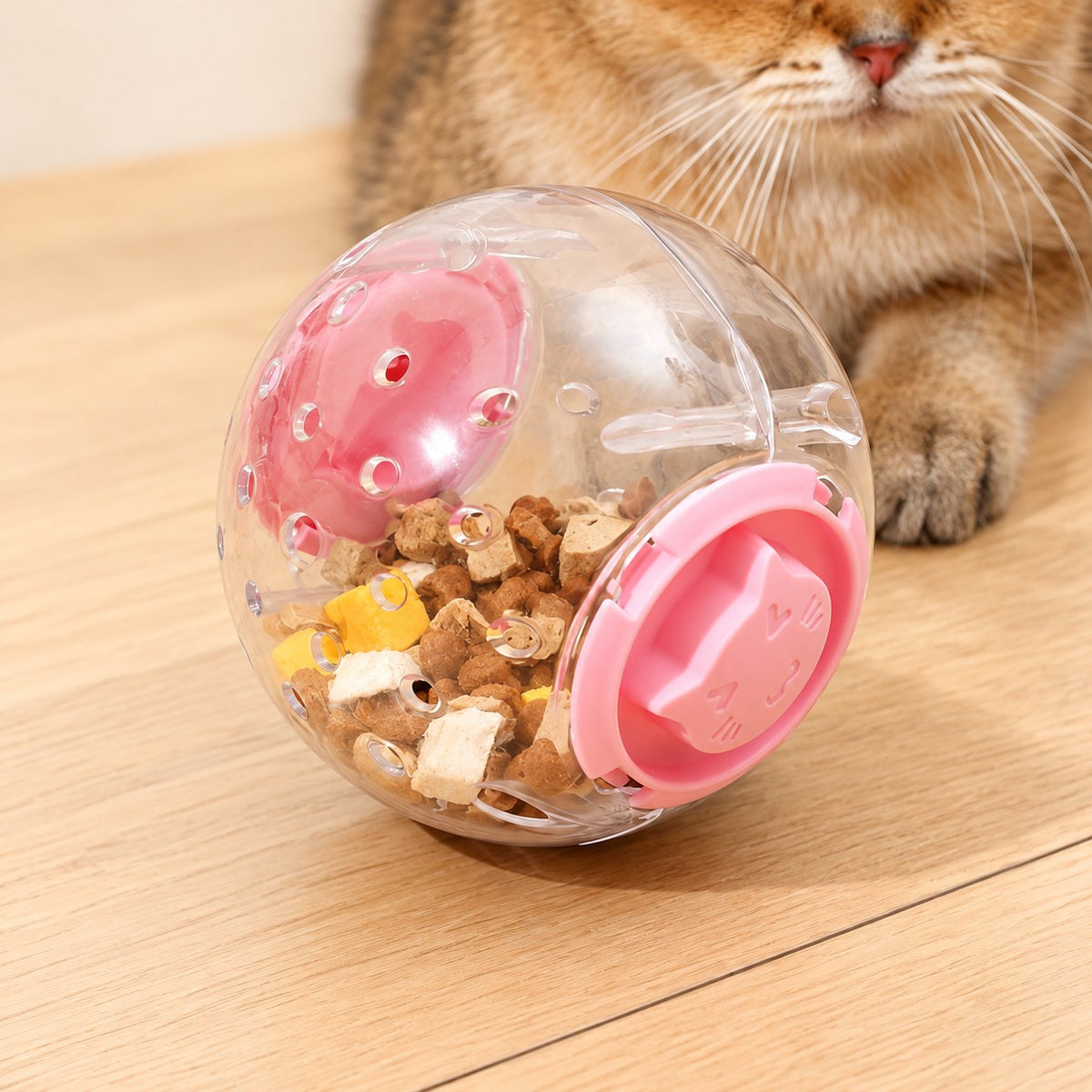 Pink treat ball showing the clear shell and cat motif; treats not included