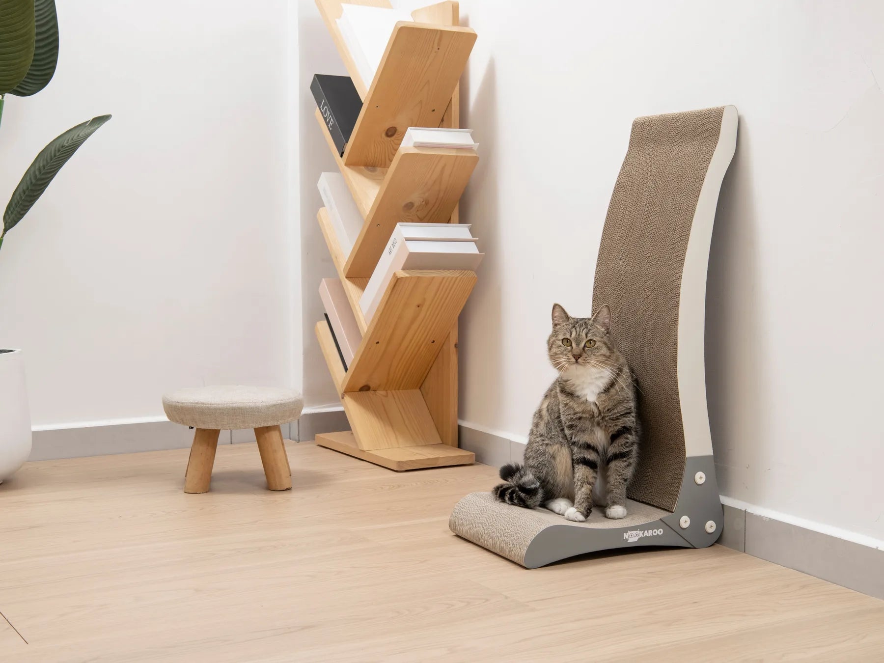 A cat beside the tall Bennu scratcher in a warm neutral room