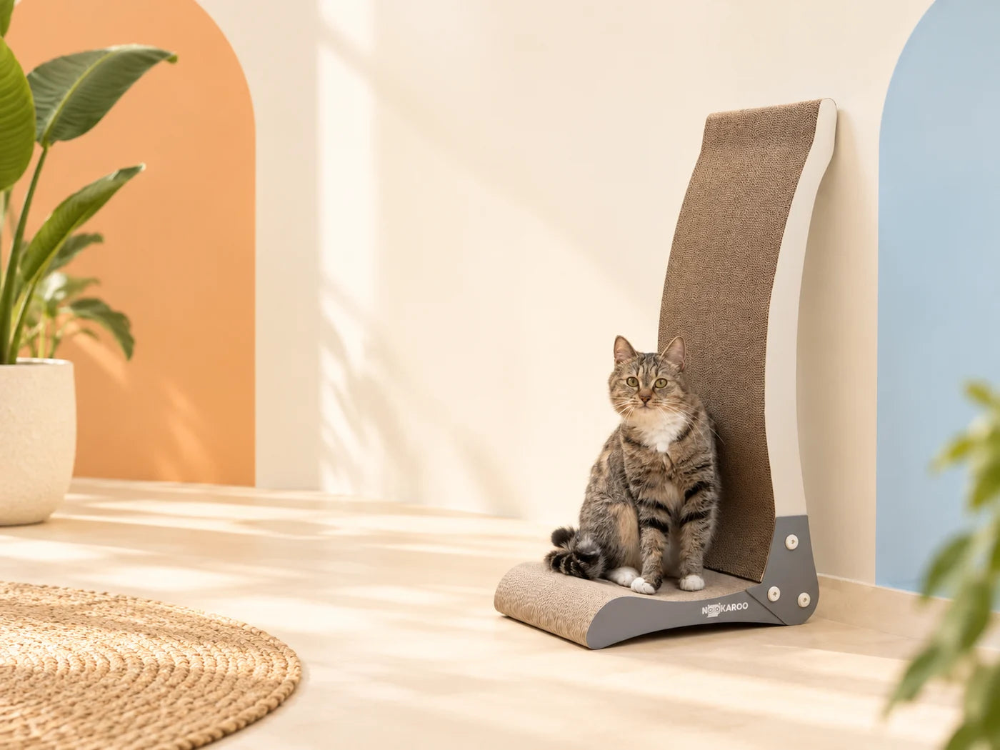 Cat sitting on a tall Nookaroo scratcher in a bright home