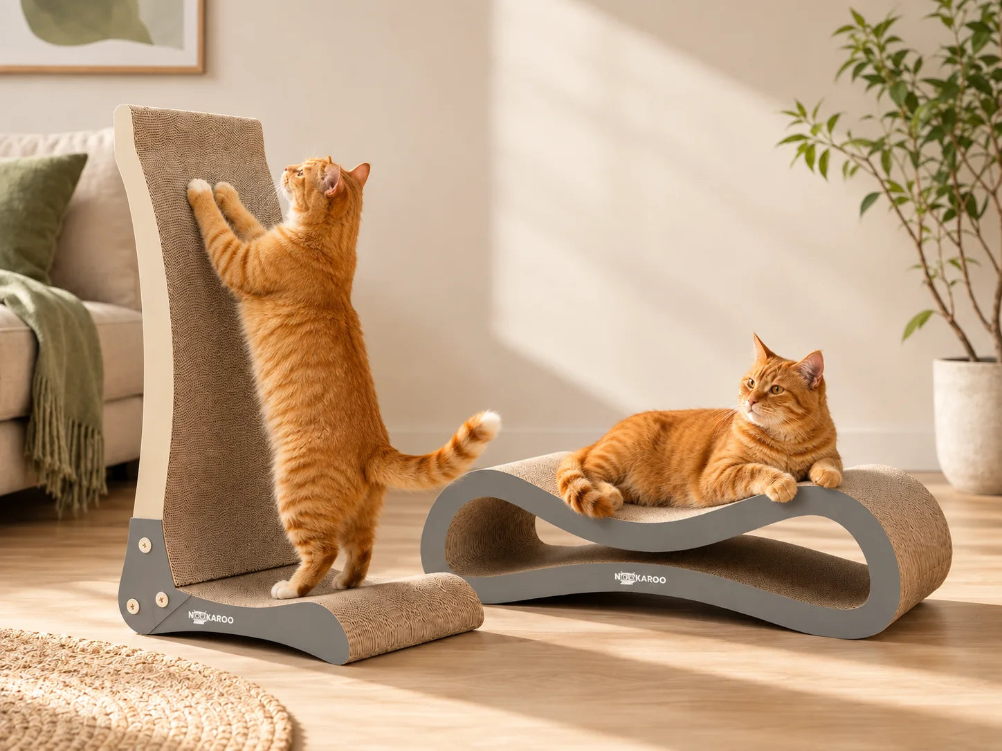 Two orange tabby cats using the Bennu vertical scratcher and Agatha lounge scratcher in a warm room