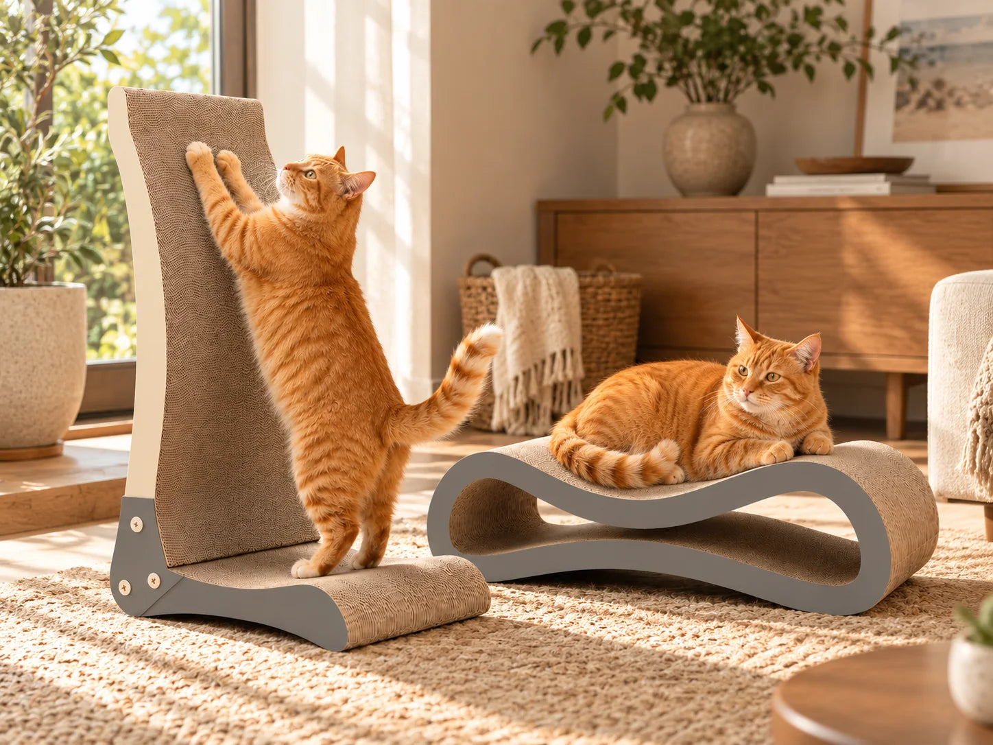 Two orange tabby cats stretching and resting on the Signature Duo in a warm sunlit room
