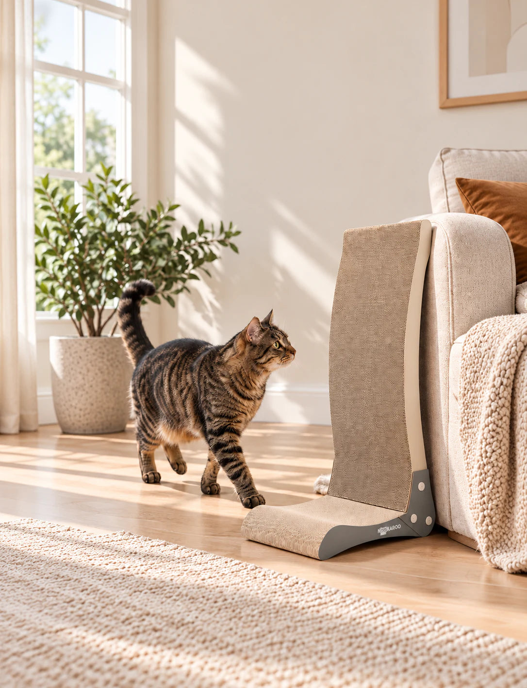 Tabby cat approaching a Bennu vertical scratcher beside a cream sofa