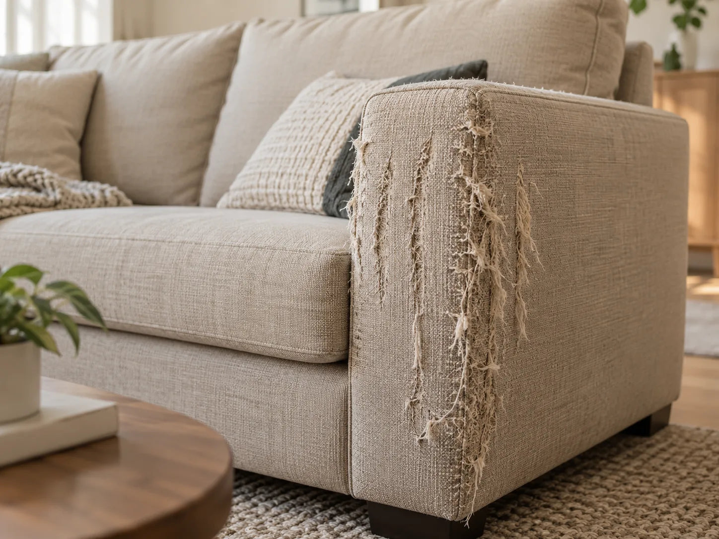 Fabric sofa arm with visible claw damage and loose threads