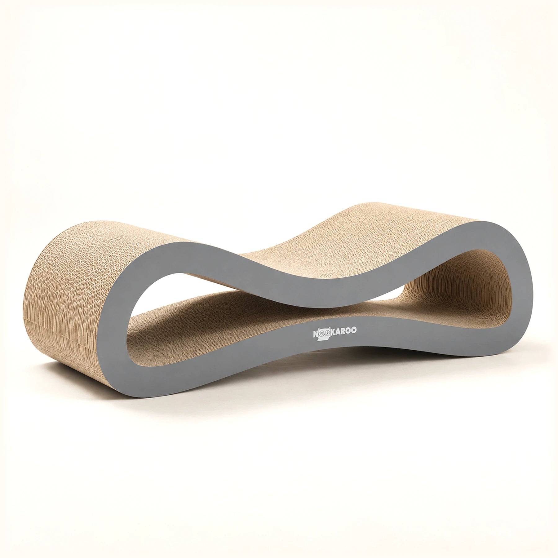 Nookaroo Agatha infinity-shaped cardboard cat scratcher and lounge in beige and gray