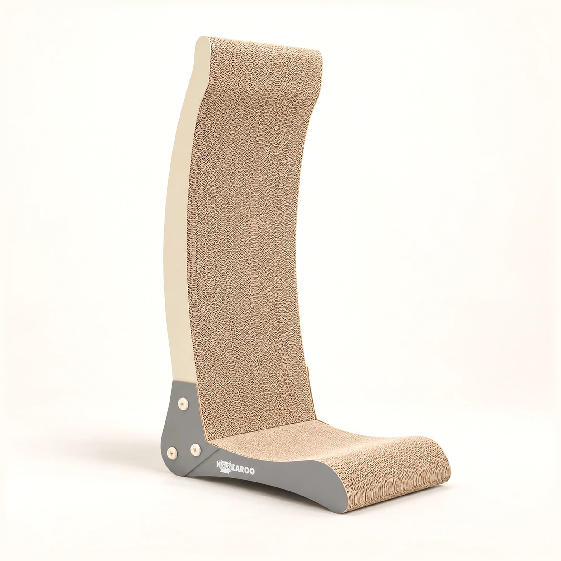 Nookaroo Bennu tall curved vertical cat scratcher in beige and gray
