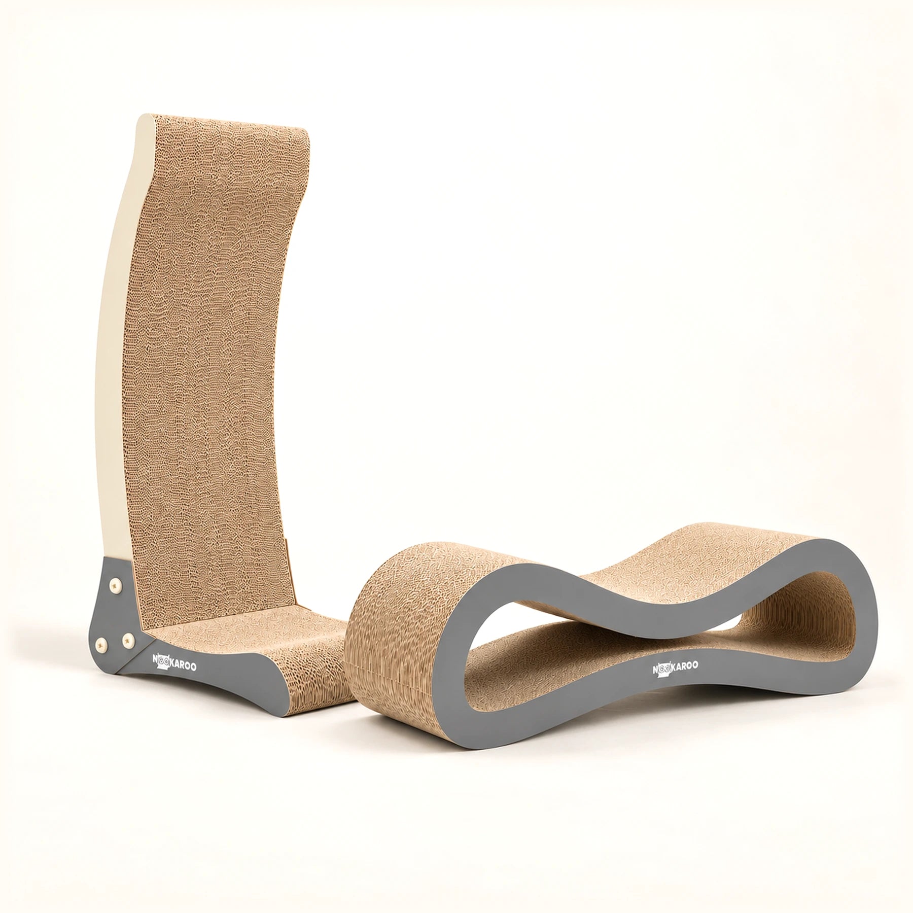 Nookaroo Signature Duo with Bennu vertical cat scratcher and Agatha infinity cat lounge on a warm ivory background