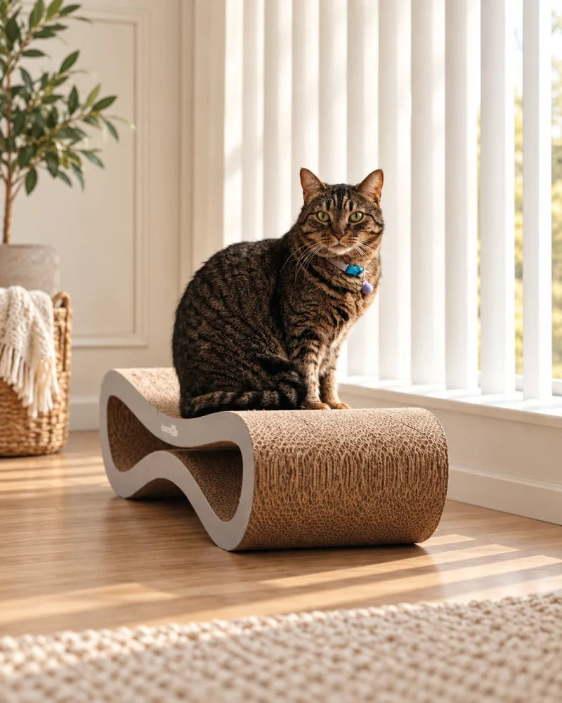 Tabby cat sitting on the curved Agatha cardboard scratcher beside a sunlit window